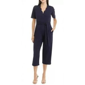 Sandra Darren Navy Blue Scallop Neck Jumpsuit